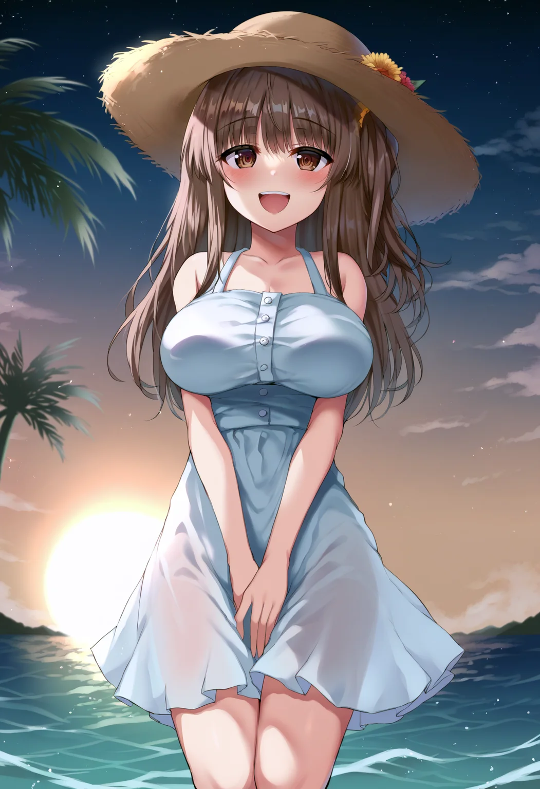 score_9, score_8_up, score_7_up, score_6_up, score_5_up, score_4_up,
gradient background,
refraction, caustics, rim lights, backlighting, bloom,
BREAK
source_anime, day, sky, sunlight, sunbeam,horizon, vaporwave, clouds, ocean, palm tree, birds, sunset, starry sky, sunrise,
BREAK
1girl, solo, long hair, blush, smile, open mouth, bangs, brown hair, brown eyes, :d, teeth, one side up, hair scrunchie,
large breasts, narrow waist, wide hips, thick thighs,
sundress, sunhat, white dress, see-through silhouette,
between legs, hand between legs,
perspective, face focus, cowboy shot, (from above:0.75), from side, looking at viewer,
<lora:Kamita-v1-PDXL:1>