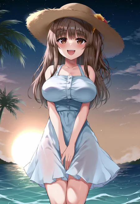 score_9, score_8_up, score_7_up, score_6_up, score_5_up, score_4_up,
gradient background,
refraction, caustics, rim lights, backlighting, bloom,
BREAK
source_anime, day, sky, sunlight, sunbeam,horizon, vaporwave, clouds, ocean, palm tree, birds, sunset, starry sky, sunrise,
BREAK
1girl, solo, long hair, blush, smile, open mouth, bangs, brown hair, brown eyes, :d, teeth, one side up, hair scrunchie,
large breasts, narrow waist, wide hips, thick thighs,
sundress, sunhat, white dress, see-through silhouette,
between legs, hand between legs,
perspective, face focus, cowboy shot, (from above:0.75), from side, looking at viewer,
<lora:Kamita-v1-PDXL:1>