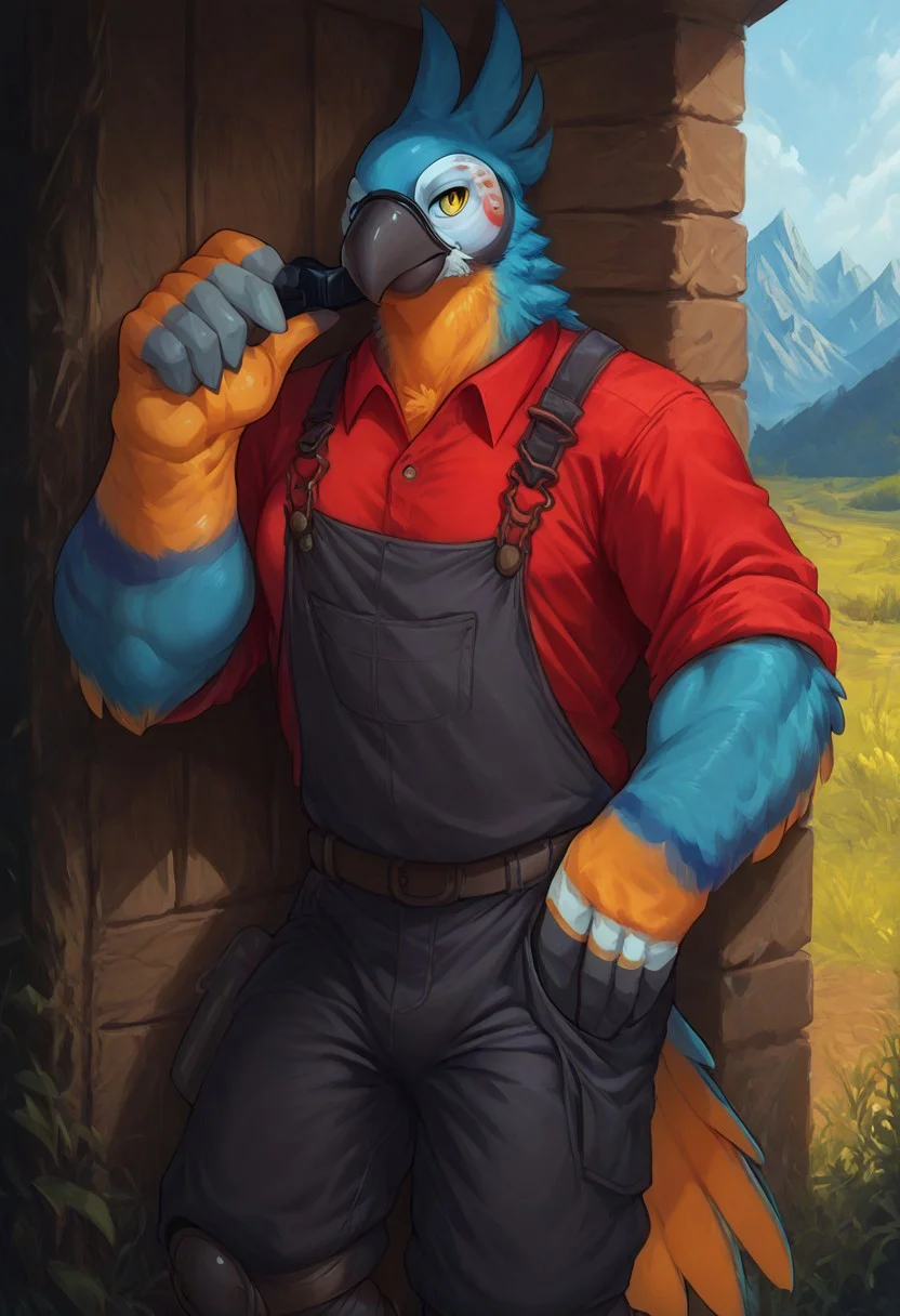 score_9, score_8_up, score_7_up, (best quality:1.1), ultra-detailed, high resolution, 8k, male, source_furry, male, solo, solo, tail, avian, KassPXL, anthro, yellow eyes, feathers, muscular:1.3, hunky, clothed, clothing, armored, hardhat, sunglasses, single glove, redengie, red shirt overalls, outdoors, blue barn, dessert, mountains, red barn