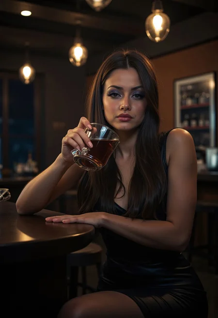 Young beautiful girl cries and drinks wiskey in bar.
Noir style.