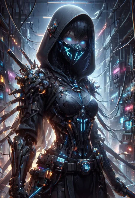 (((Ultra-detailed, Hyper-realistic, 8k, highres, masterpiece))),(full length highly detailed intricate cyborg demonic-skeletal) (tattered cloak),((highly detailed tech body,decaying parts, Intricate exposed wiring, exposed wires,exposed circuitry,electric glow)),((highly detailed cyber-skeletal tech-mask,signs of decay,exposed wiring, exposed wires,exposed circuitry,electric glowing eyes)),in a highly detailed Labratory background with Test tubes,holographic screens,covered in pulsing electricity,cyber setting,cinematic,realistic,science fiction,dark colours,background light,e,<lora:XL_Weapon_Sword_-_By_HailoKnight_2:0.8>,Wielding sword,<lora:add-detail-xl:1>,<lora:ArmorSuit_v01:0.8>, armorsuit,