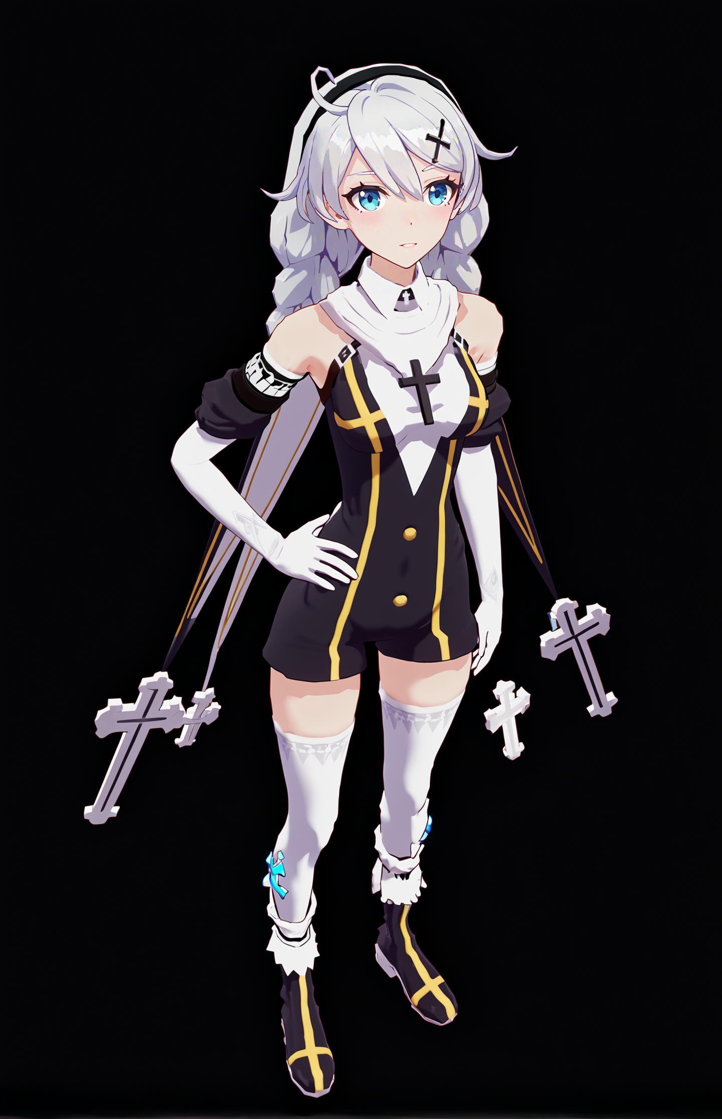 score_9, score_8_up, score_7_up, score_6_up, 8k, best quality, masterpiece, (ultra-detailed:1.1), (high detailed skin), 
(full body), (black background:1.1), standing, looking at viewer, (solo), hand on hip, 
<lora:kiana-young-pony-Tanger-000010:0.8>, kiana kaslana, shennv, 8th clothes, 1girl, nun, braid, twin braids, bare shoulders, bangs, boots, white thighhighs, gloves, hair ornament, long hair, 
(beautiful_face), ((intricate_detail)), clear face, 
((finely_detailed)), fine_fabric_emphasis, 
((glossy)), full_shot,