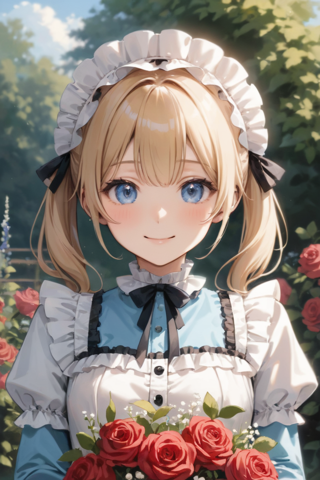 from front view, 1 young cute little sister,(low teens:1.3),(cute face,baby_face:1.1),cute body, medium breasts,blonde short twin tails hair,ice blue eyes, (tareme:1.4),(happy smile,;D:1.2),(roses gardenscape:1.3),both hands holding (dressed Bouquet), (beautiful decorated Bouquet red roses mixed few gypsophila),outdoor,(frilly_lolita dress:1.3),headdress,cowboy shot,snapshot,sfw, looking at viewer,
((masterpiece, best quality, ultra-detailed)), (ultra high res), (sharp focus), (insanely detailed), (perfect anatomy), (detailed face),<lora:neg4all_bdsqlsz_xl_V7:1><lora:neg4all_bdsqlsz_xl_V91:1>  <lora:more_details:0.3>