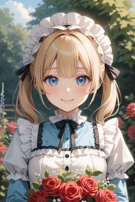 from front view, 1 young cute little sister,(low teens:1.3),(cute face,baby_face:1.1),cute body, medium breasts,blonde short twin tails hair,ice blue eyes, (tareme:1.4),(happy smile,;D:1.2),(roses gardenscape:1.3),both hands holding (dressed Bouquet), (beautiful decorated Bouquet red roses mixed few gypsophila),outdoor,(frilly_lolita dress:1.3),headdress,cowboy shot,snapshot,sfw, looking at viewer,
((masterpiece, best quality, ultra-detailed)), (ultra high res), (sharp focus), (insanely detailed), (perfect anatomy), (detailed face),<lora:neg4all_bdsqlsz_xl_V7:1><lora:neg4all_bdsqlsz_xl_V91:1> <lora:more_details:0.3>