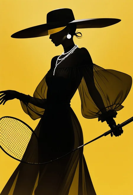 aaAR7fl,masterpiece,highres,best quality,best aesthetic, intriguing details, Yohji Yamamoto fashion campaign, haute couture,1girl, solo, off shoulders, glowing necklace, see-through, blindfold, wide brim hat, swing a badminton racket, yellow gradient background, in style of Tim Walker, black Organic-shaped dress, hyper realistic, explicit, dynamic,