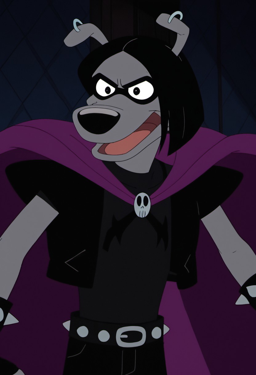 score_9, score_8_up, score_7_up, ((Masterpiece, solo, 1 boy,)) 1 boy, solo, 
BREAK
Blk4rtsBB, Disney, Black Arts Beagle Boy, Anthro Dog, cartoon dog, folded ears, grey fur, black hair, hair flip, fauxhawk, black nose, shiney nose, black eyes, black eye mask, silver earings, black boots, spiked wristbands, fingerless gloves, black top, black pants, crop-jacket, shoulder-pads, open mouth