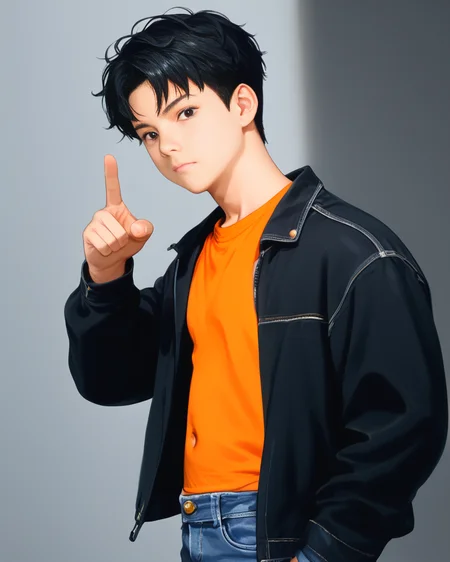 score_9, score_8_up, score_7_up, Korean, <lora:Cute_Cartoon_ArtStyle:1>, <lora:Expressive_H:1>, ((adorable handsome young cute man:1.2, light skin)),
tae_dong, black and white jacket, orange shirt, jeans, lose shirt, navel, looking at viewer, dynamic action, expressive cute face, cute pose, male focus, 1boy, solo, cowboy shot, from side, depth of field, masterpiece, best quality, amazing quality, very aesthetic, absurdres, newest, very awa, shadow, dynamic angle, <lora:tae_dong-000013:1>, ((tae_dong))