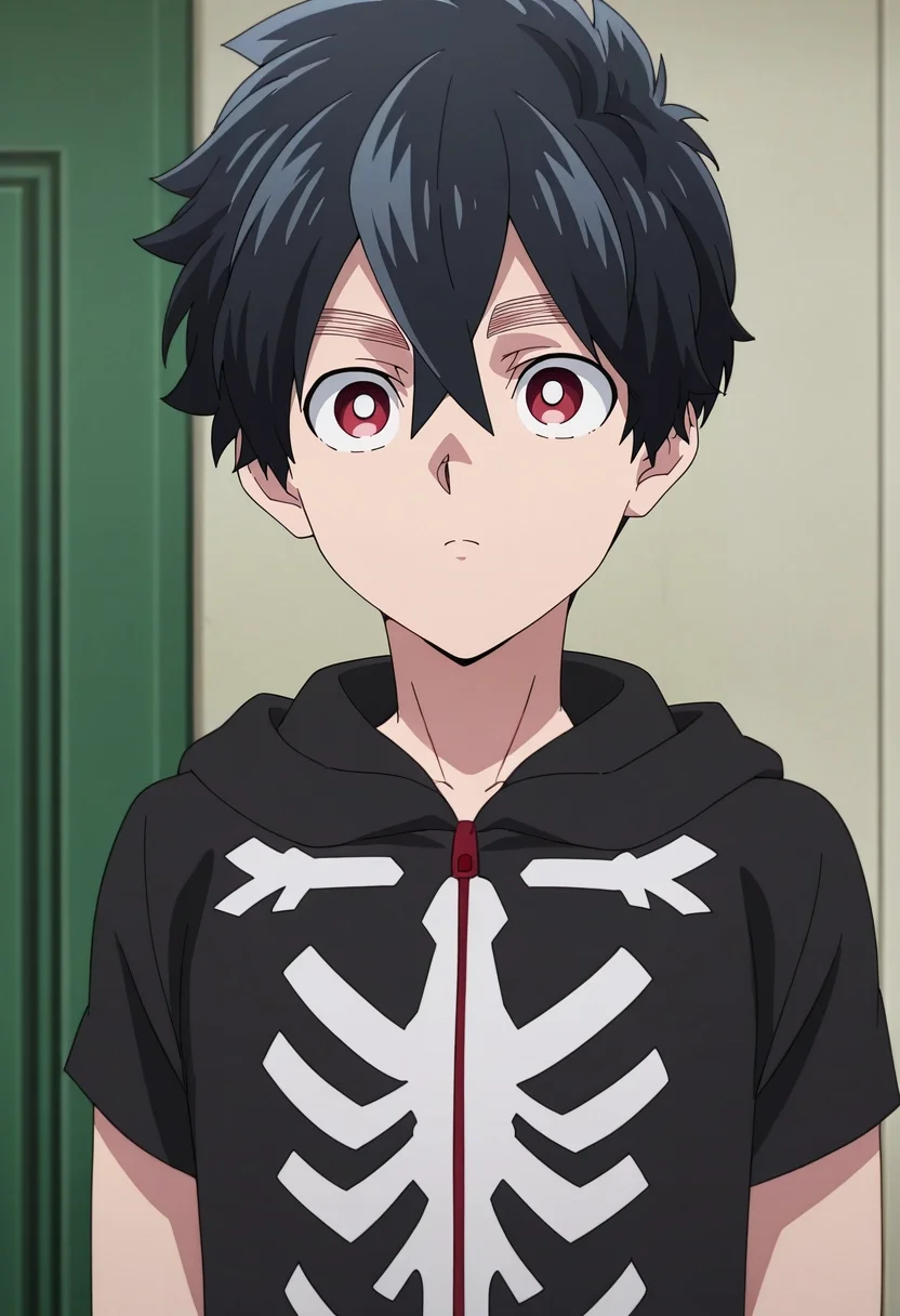 masterpiece, best quality, , anime screencap, , , , 1boy, solo, male focus, <lora:kabane_kusaka_ilxl:0.96>, kabane_kusaka, black hair, red eyes, short hair, hair between eyes, kusaka kabane, hoodie, ,