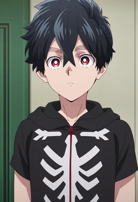 masterpiece, best quality, , anime screencap, , , , 1boy, solo, male focus, <lora:kabane_kusaka_ilxl:0.96>, kabane_kusaka, black hair, red eyes, short hair, hair between eyes, kusaka kabane, hoodie, ,