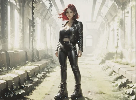 score_9, score_8_up, score_7_up, setting focus, character in foreground, establishing shot, woman, pale skin, huge breasts, <lora:sm0k3XLP:1>, <lora:goth_clothes:1>, Black leather jacket, black leather pants, black riding boots, white highlights, crimson red hair, black highlights, <lora:Our_Muted_Future_Style:1>, <lora:0777 no one world_v1_pony:1> ruanyi0777, moss, vines, overgrown, tree, ruins,