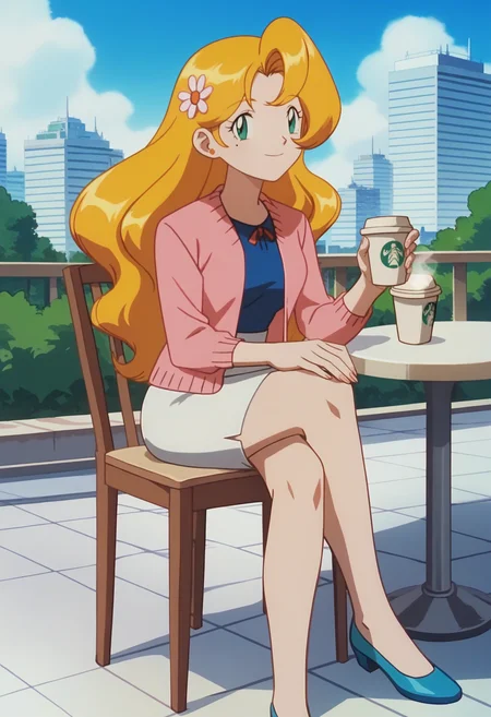 score_9, score_8_up, score_7_up, score_6_up, anime screencap, anime coloring, 1girl, solo, <lora:PMSensationalSisters_epoch_10:0.8>, PMDaisy, blonde hair, long hair, green eyes, hair flower, mole under eye,
pink cardigan, blue shirt, white skirt, pencil skirt, blue shoes,
smile, looking at viewer, holding, coffee cup, crossed legs,
BREAK outdoors, cafe, sitting, on chair, day, sunbeam, city,