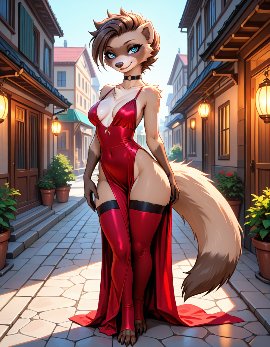 masterpiece, best quality, very aesthetic, absurdres,
outdoors,
full body, seductive smile, parted lips, long eyelashes,
<lora:MiX_v01_NAIXL:1>
M1x,1girl,solo,furry,furry female,brown hair,short hair,blue eyes,snout,animal nose,fang,choker,body fur,two-tone fur,browm fur,claws,white fur,tail,