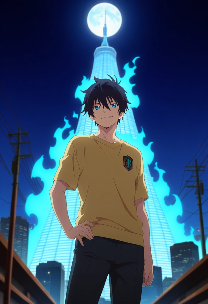 masterpiece, best quality, intricate details, anime screencap, , official style, , depth of field, 1boy, solo, male focus, <lora:rin_okumura_ilxl:0.94>, rin_okumura, black hair, blue eyes, short hair, hair between eyes, , , blue fire, wide angle, wide shot, cowboy shot, skytree, night, full moon, hand on hip, seductive smile,