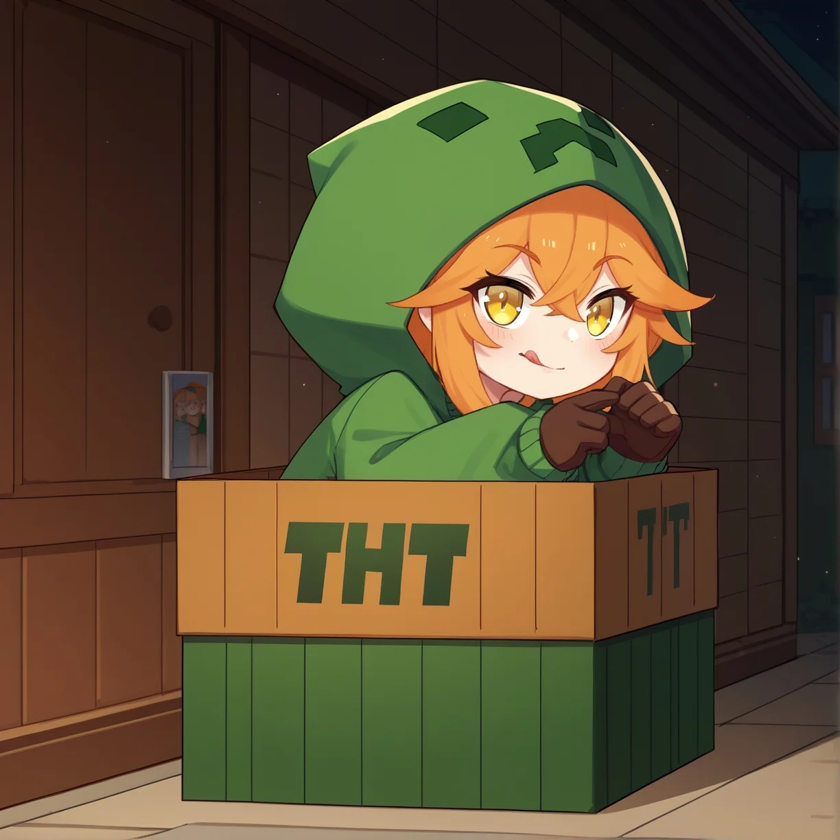 b0xe,in box,chibi,cardboard box,
tongue out, hiding
score_9, score_7_up,
sitting, mtcupa, orange hair, yellow eyes, green hoodie, hood, long sleeves, brown gloves, green thighhighs, door, dark background, outdoors <lora:mobtalker_creeper_ponyXL:1>
<lora:chibi_box_b0xe_v2.1:0.8>