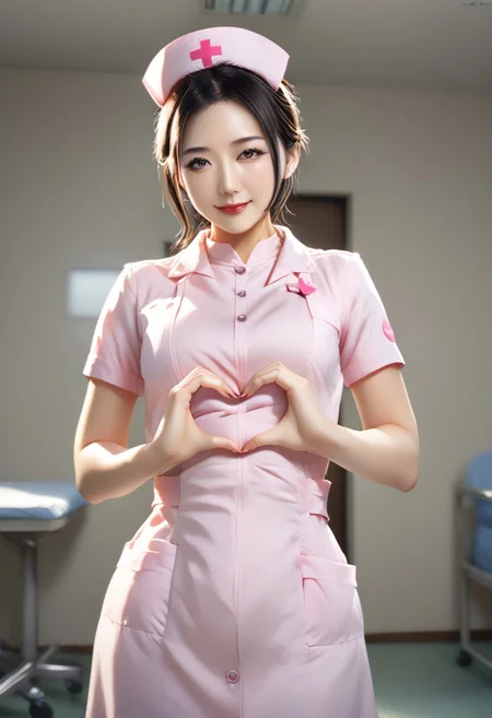(Cowboy shot:1.2), smiling elegant slim asian woman, Japanese, wearing (((pink nurse uniform))), black hair, (brllyheart:1.4), (modern hospital room), photo, 1girl, ultra high res, realistic photorealistic, ultra-detailed, finely detailed, high resolution, perfect dynamic composition, (perfect eyes), (detailed eyes), solid circle eyes, sparkling eyes, (clean eyes), anatomically correct, super detail, textured skin, extremely detailed face and eyes, detailed facial features, ((perfect face)), narrow waist, thin waist, wide hips