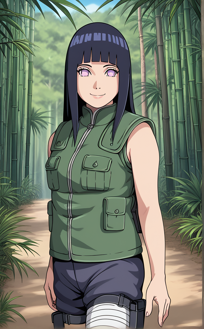score_9, score_8_up, score_7_up, absurdres, 1girl, bamboo forest, blurry background, blurry foreground, christmas tree, chromatic aberration, depth of field, focused, grass, jungle, lake, motion blur, looking at viewer, nature, outdoors, palm leaf, palm tree, park, photo (medium), photo background, plant, shrine, smile, <lora:PONYXL_NARUTOShipp_HyugaHinata_ownwaifu:1>, BREAK ShinobiJacket_HyugaHinata_ownwaifu, 1girl, black hair, blunt bangs, hyuuga hinata, long hair, no pupils, purple eyes, straight hair, long sleeves, green vest, jacket, konohagakure symbol, bandages, bandaged leg, black shirt, sleeveless jacket, thigh pouch, vest, sidelocks, blue pants, shiny hair, thigh strap, turtleneck, hime cut, pocket, bandaged arm, pouch, uniform,<lora:add-detail-xl:0.15>,