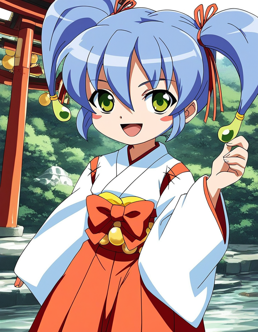 score_9, score_8_up, score_7_up, source_anime, rating_explicit, BREAK  <lora:Nazuna_OnmyouTaisenki_XL:1> Nazuna, blue hair, solo, green eyes, blush stickers, twintails, hair ribbon, flat chest, short stack,
miko, japanese clothes, red hakama, hakama skirt, red bow,  long sleeves, Yellow prayer beads, wide sleeves, kimono, 
smile, open mouth,
looking at viewer, 
cowboy_Shot,
shrine, outdoor,