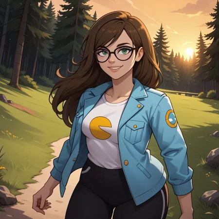 score_9, score_8, BREAK, solo, brown hair, dark green eyes, glasses, lips, cyan jacket, white shirt, pacman print, breasts, leggings, sneakers, Ally_(Disventure_Camp), cute, sexy pose, self portrait, smile, outdoors, sunlight, shadows, evening lighting, natural lighting, forest, trees, grass, orange sky, sunset