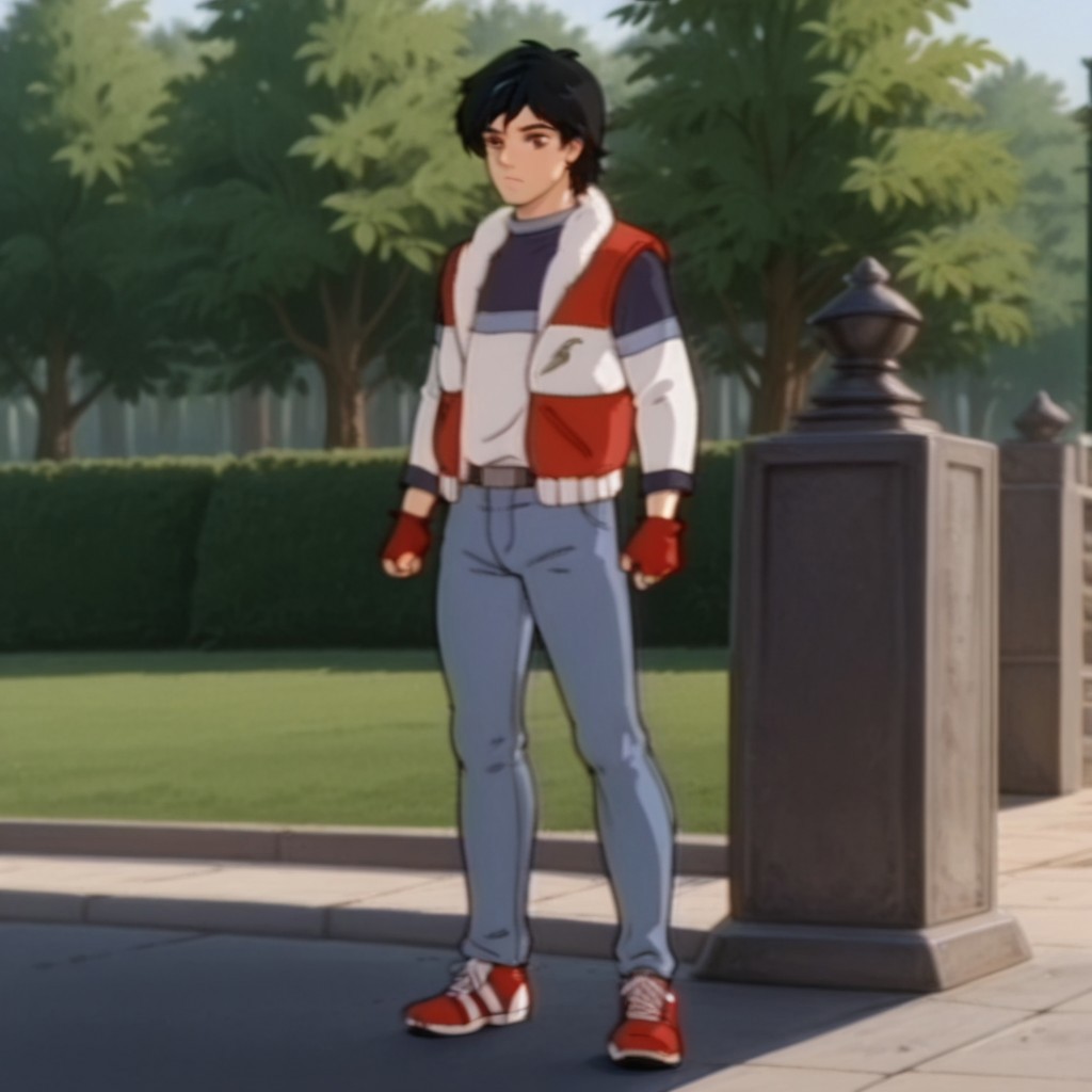 masterpiece, best quality, amazing quality, DavidDsil, human, male, black hair, blue highlight, brown eyes, blue vest, white trim, striped shirt, long sleeves, red fingerless gloves, blue jeans, red and white shoes, in a park, standing, 1boy, solo,