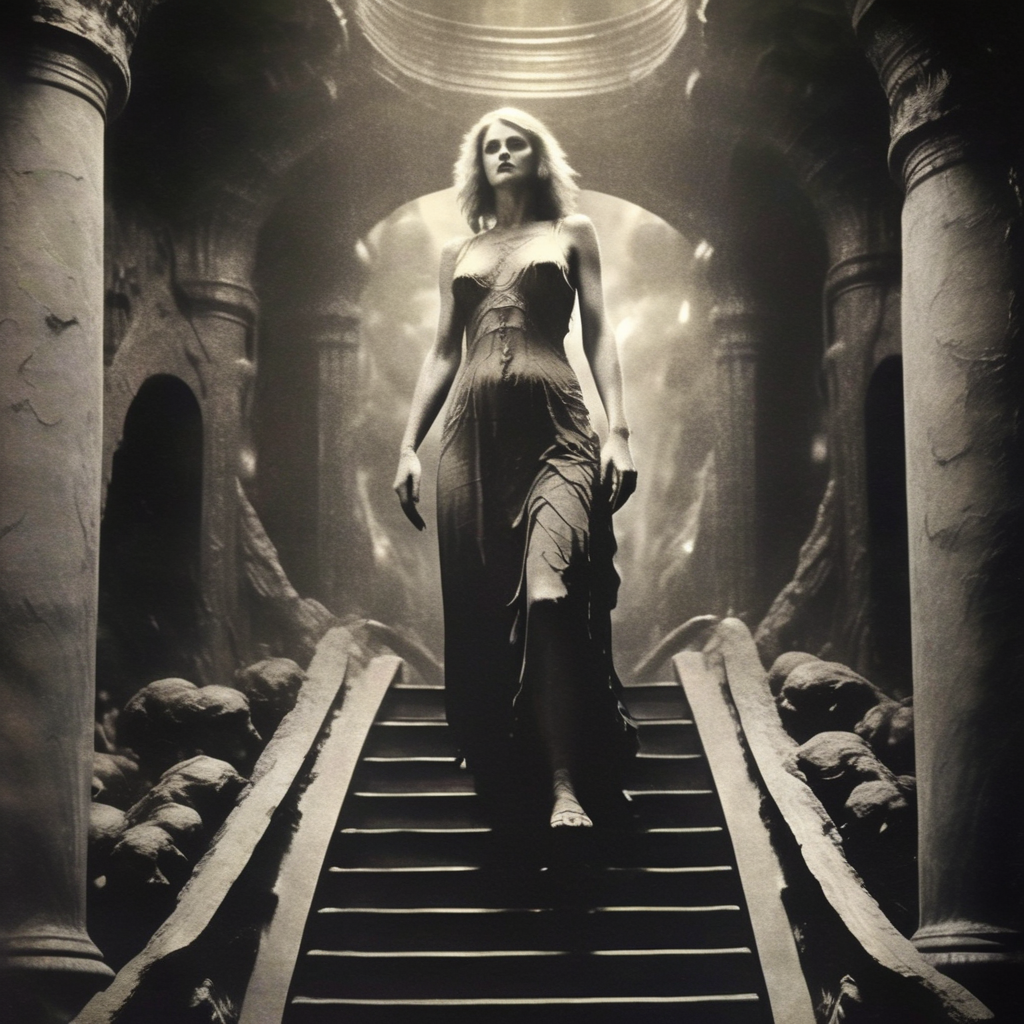 eldoria Goddess Lilitch descends the stairs to the underworld realm, dark atmosphere, very realistic detail, cinematic<lora:eldoria:1>