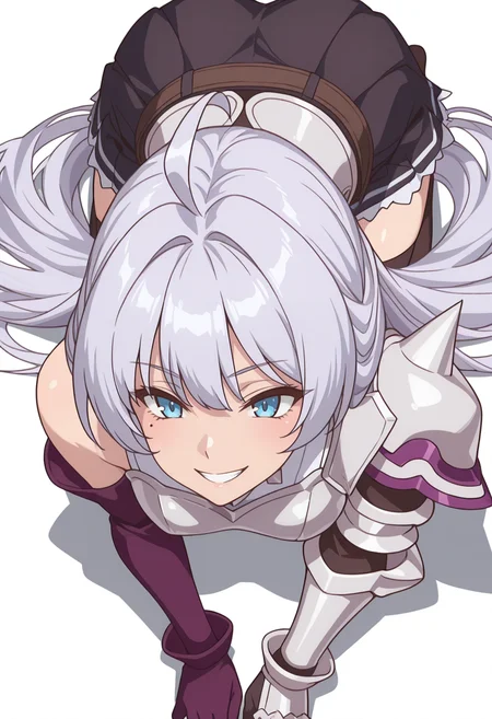 Smooth Quality,masterpiece,very intricate, high quality details, ultra realistic, high detailed skin,detailed enviorement,absurdres,
simple background, white background,
,from above,grin,excited,dogeza,
<lora:Crylet_Kureha_cnn:0.8>
kurehacnn,1girl,bangs, blue eyes, ahoge, mole, bare shoulders, grey hair, very long hair,
armor, skirt, thighhighs, detached sleeves, breastplate, belt, shoulder armor, gauntlets,