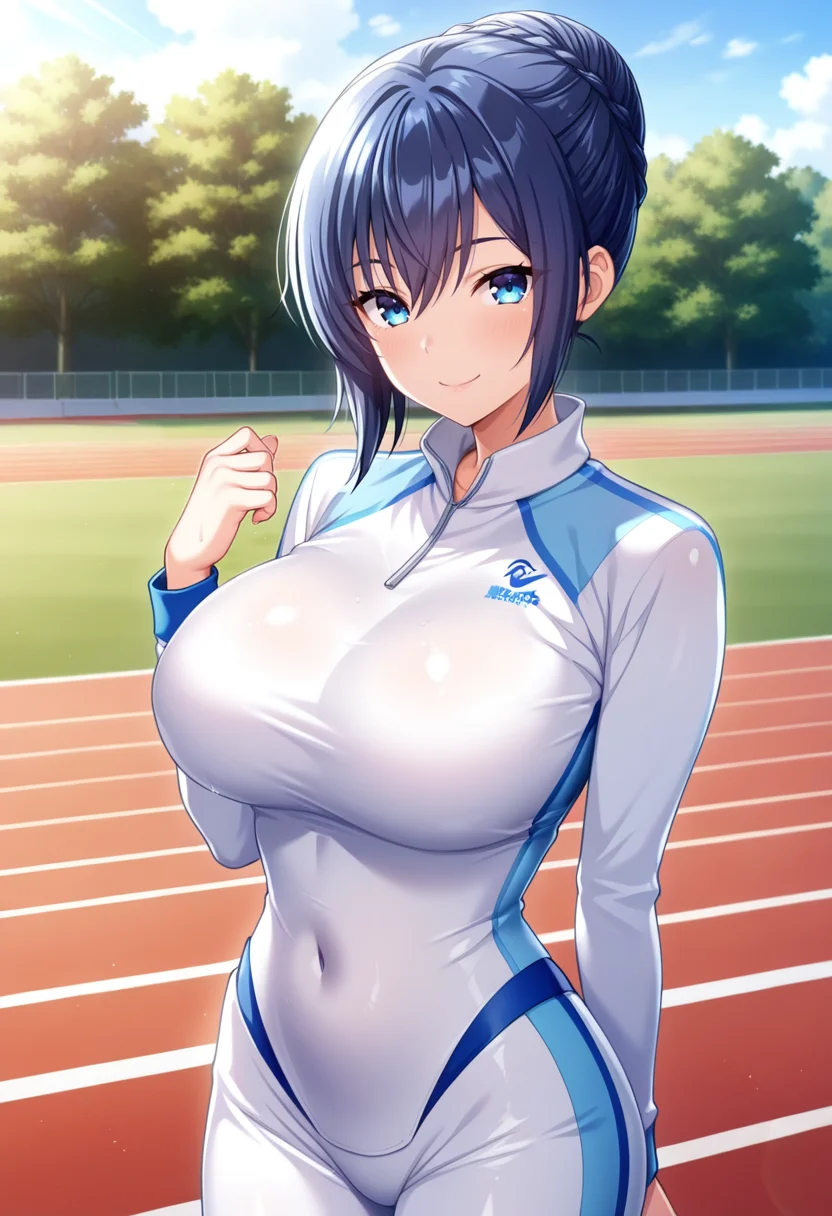 masterpiece, best quality, amazing quality,tsugumi kusakabe, blue eyes, short hair, blue hair, french braid, single hair bun, 1girl, solo,breasts, large breasts, covered navel,white bodysuit,long sleeves,closed mouth, smile, standing,looking at viewer, cowboy shot,outdoors, track and field, tree, gras <lora:tsugumi kusakabeV1:0.8>