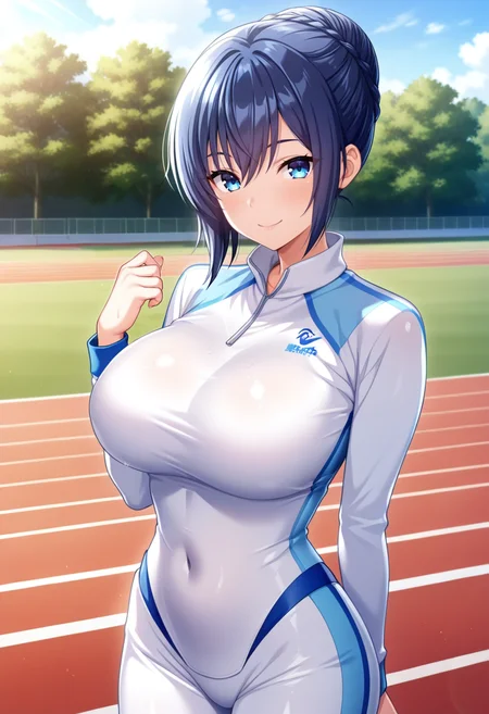 masterpiece, best quality, amazing quality,tsugumi kusakabe, blue eyes, short hair, blue hair, french braid, single hair bun, 1girl, solo,breasts, large breasts, covered navel,white bodysuit,long sleeves,closed mouth, smile, standing,looking at viewer, cowboy shot,outdoors, track and field, tree, gras <lora:tsugumi kusakabeV1:0.8>