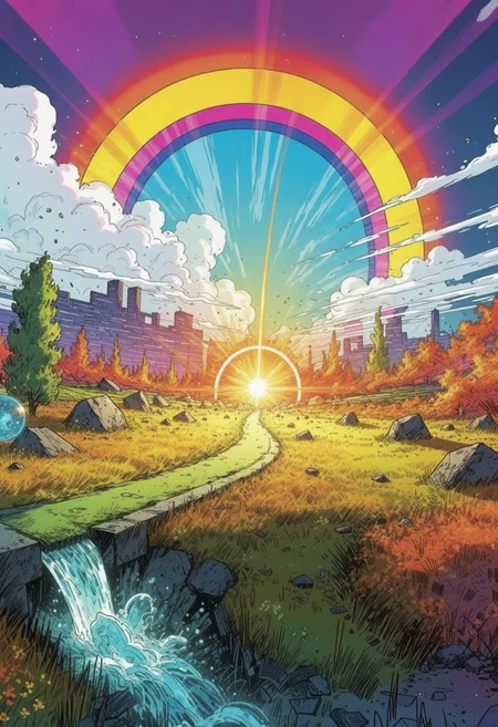 2.5D stylized comic scenery picture of an artificial meadow environment with a raging solar flare scorching the lands, teleporter malfunction, tense tone. With artificial neon prismatic, rainbow-lighting, cel shaded, stylized, exaggerated dynamic, masterpiece, very aesthetic <lora:dmd2_sdxl_4step_lora>