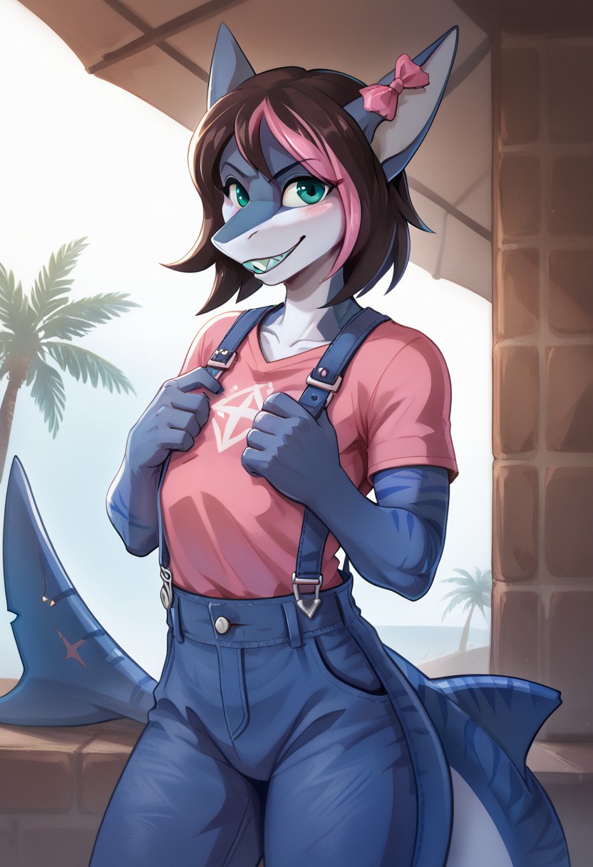 <lora:Scappo_Style_v2_PonyXL:0.8> by scappo, scappo,  score_9, score_8_up, score_7_up, moonlitepxl, femboy,solo, anthro shark,medium hair, multicolored hair, dark hair, pink hair,bow, stripes on body, turquoise eyes, BREAK, Portrait, pink T-shirt, blue overalls, hands at chest, palms open, blue light burning in palm, head slightly tilted, dark atmosphere, background dark,Shark teeth,