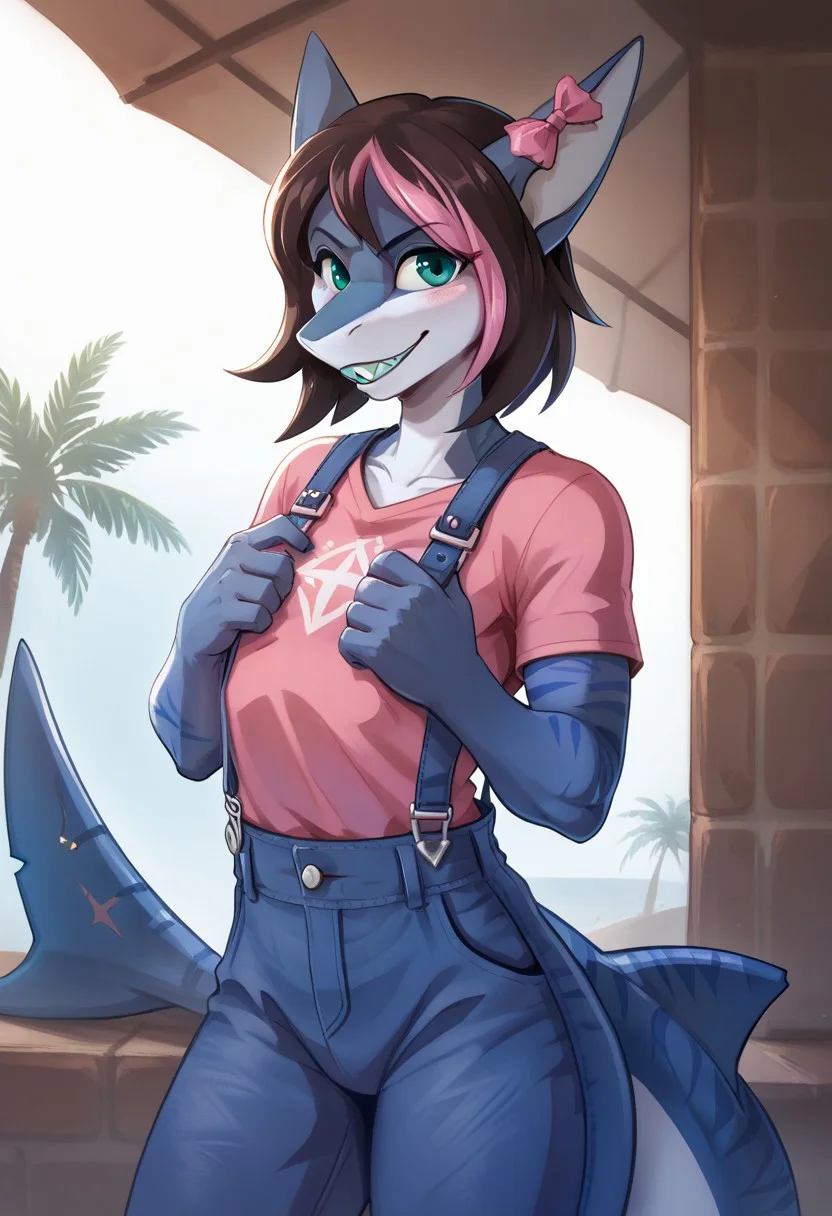 <lora:Scappo_Style_v2_PonyXL:0.8> by scappo, scappo,  score_9, score_8_up, score_7_up, moonlitepxl, femboy,solo, anthro shark,medium hair, multicolored hair, dark hair, pink hair,bow, stripes on body, turquoise eyes, BREAK, Portrait, pink T-shirt, blue overalls, hands at chest, palms open, blue light burning in palm, head slightly tilted, dark atmosphere, background dark,Shark teeth,