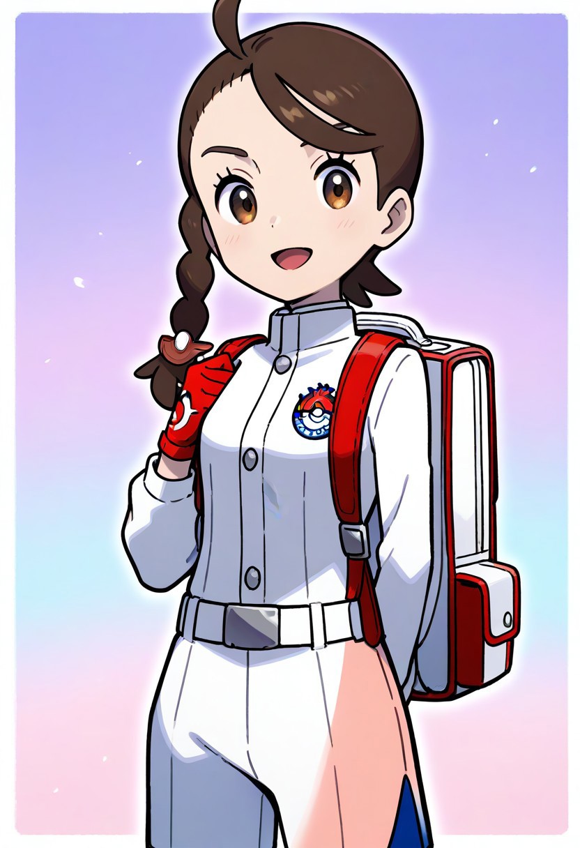 2d, masterpiece, best quality, amazing quality, highres, absurdres, newest, 1girl, solo, smile, open mouth, looking at viewer, colorful background, gradient background, blue background, purple background, cowboy shot, bbjuliana, juliana \(pokemon\), brown eyes, brown hair, braid, ahoge, white jacket, long sleeves, single glove, red gloves, white shorts, backpack
