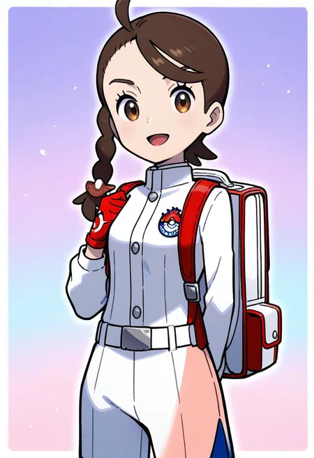 2d, masterpiece, best quality, amazing quality, highres, absurdres, newest, 1girl, solo, smile, open mouth, looking at viewer, colorful background, gradient background, blue background, purple background, cowboy shot, bbjuliana, juliana \(pokemon\), brown eyes, brown hair, braid, ahoge, white jacket, long sleeves, single glove, red gloves, white shorts, backpack