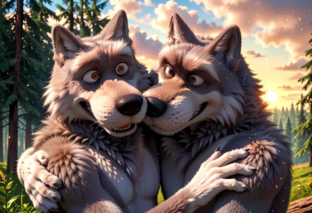score_8, score_7, score_9_up, BodiPhantom, masterpiece, high quality, detailed, best quality, detailed background, detailed character, detailed character details, detailed face, detailed muzzle, dust, particles, practices, fluffy wool, fluffy fur, high quality, very high rendering, smooth lines, 4k, 8k, 16k, huge resolution, a lot of details, detailed fur, high budget, cinemascope, epic, gorgeous, film grain, grainy, high quality, detailed, high resolution, high quality, high resolution, furry character, 3DMM, 2boys, 2 boys,
first character: "bybodird008, cartoon_style, source_cartoon, gray wolf, wolf, fluffy wolf, shaggy, (hybrid), boy, furry, furry_male, anthro, stupid wolf1, (He's taller and thicker, and his eyes are wide open, which adds to his innocence)";
second character: "bybodird008, cartoon_style, source_cartoon, gray wolf, wolf, fluffy wolf, shaggy, (hybrid), boy, furry, furry_male, anthro, cunning wolf2, (He is thin, with a large head and narrowed eyes), thin, skinny";
BREAK
source_furry, adult, anthro, (((muscular))), 2 wolf,
two wolves, two detailed characters, hugging, gay,
realistic, different wolves, different faces, detailed face, gray wolfs,
in the forest, trees, sun, meadow, clouds, detailed eyes, detailed fur, detailed anatomy, detailed every character