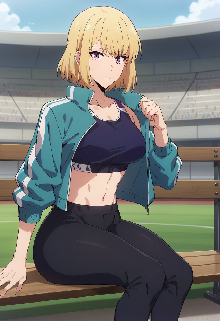 score_9, score_8_up, score_7_up,
<lora:SoloLeveling_ChaHae-InXL:0.8>, ChaHaeInSL,
1girl, solo, closed mouth,
blonde hair, medium hair, purple eyes,
ChaHaeInSport, sportswear, sports bra, purple bra, track jacket, blue jacket, jacket on shoulders, leggings, black pants,
sitting, looking at the viewer,
outdoors, bench, stadium