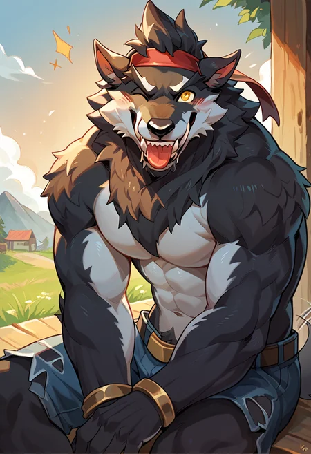 score_9, score_8_up, score_7_up, (male:1.2), solo, furry, anthro, canine, (muscular:0.3), bara, shirtless, black fur, yellow eyes, topless, blush, smiling, happy, looking at viewer, cute:1.2, sitting, tailwag, wink, grin, tongue out, <lora:Dire_Fortnite:1>, dire, fortnite, werewolf