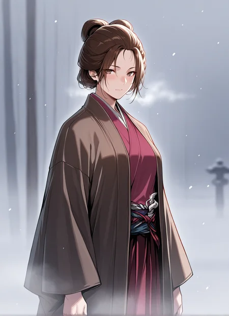 masterpiece,best quality, 1girl, standing,blurred background, (fog:1.2),snow background, solo, EmmaSekiro,looking at viewer, <lora:EmmaSekiro:1>