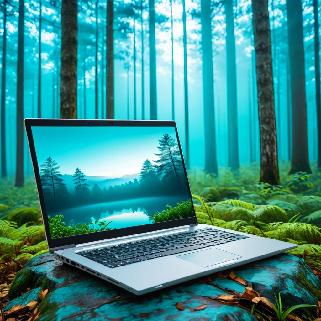 (laptop showcase) <lora:02_laptop_showcase:1.1>
Cyan background,
high quality, professional, highres, amazing, dramatic,
(Misty forest and early morning light:0.5),