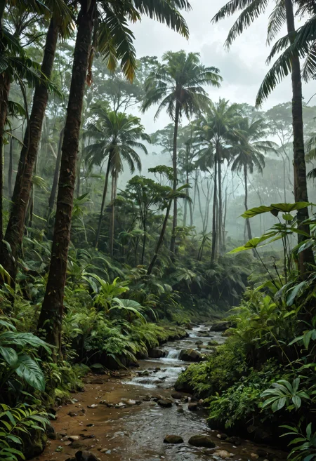 score_9, score_8_up, score_7_up, masterpiece, ultra-detailed, high-resolution, dense rainforest, lush green foliage, towering tropical trees, moss-covered trunks, misty atmosphere, cloudy day, overcast sky, diffused natural light, soft ambient shadows, wet textures on leaves and ground, rich earthy tones, cinematic outdoor scene, photorealistic environment, tranquil mood, natural complexity, immersive jungle scenery