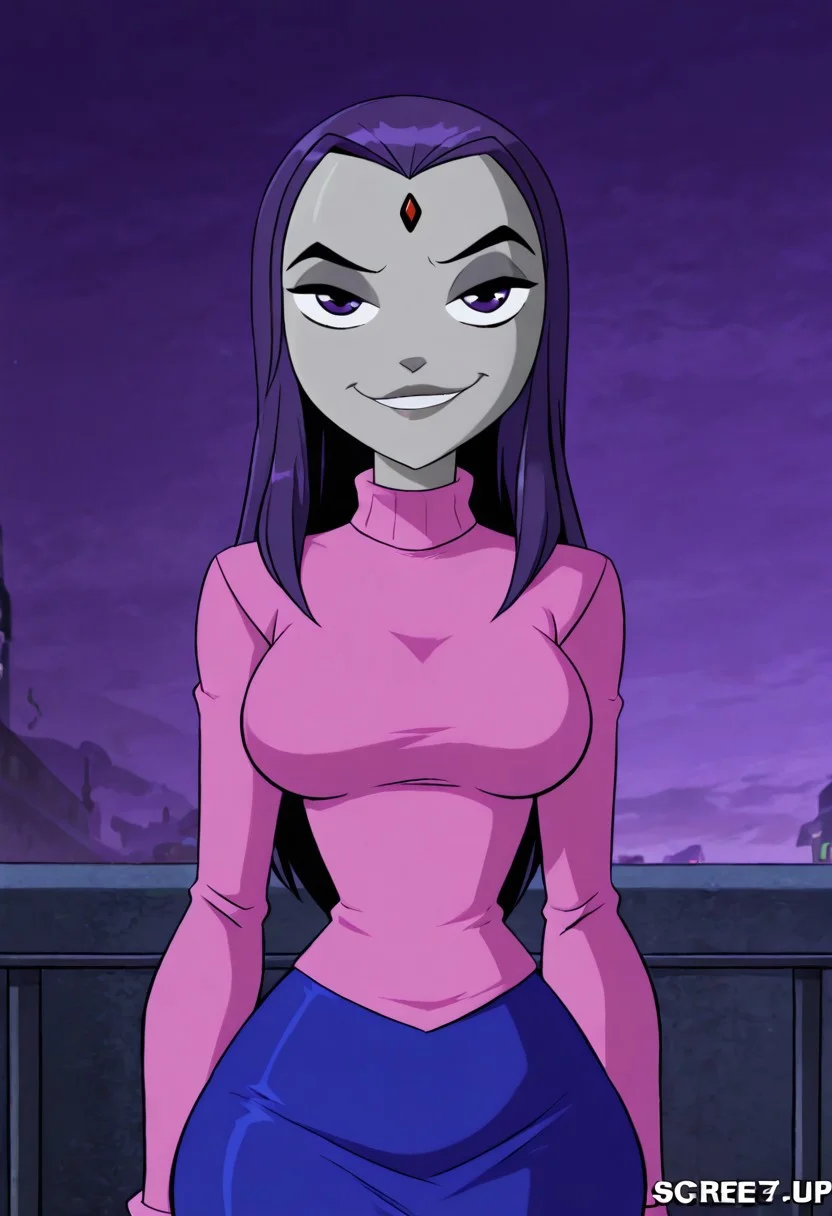 score_9, score_8_up, score_7_up, ultra quality, solo, 1girl, raventt, grey skin, purple, purple eyes, purple hair, long hair, forehead jewel, pink sweater, blue skirt, milf, mature female, smug smile, hips focus, breasts, big hips, big butt, bubble butt, curvy, narrow waist, standing, upper body, looking to the viewer, close up, screencap