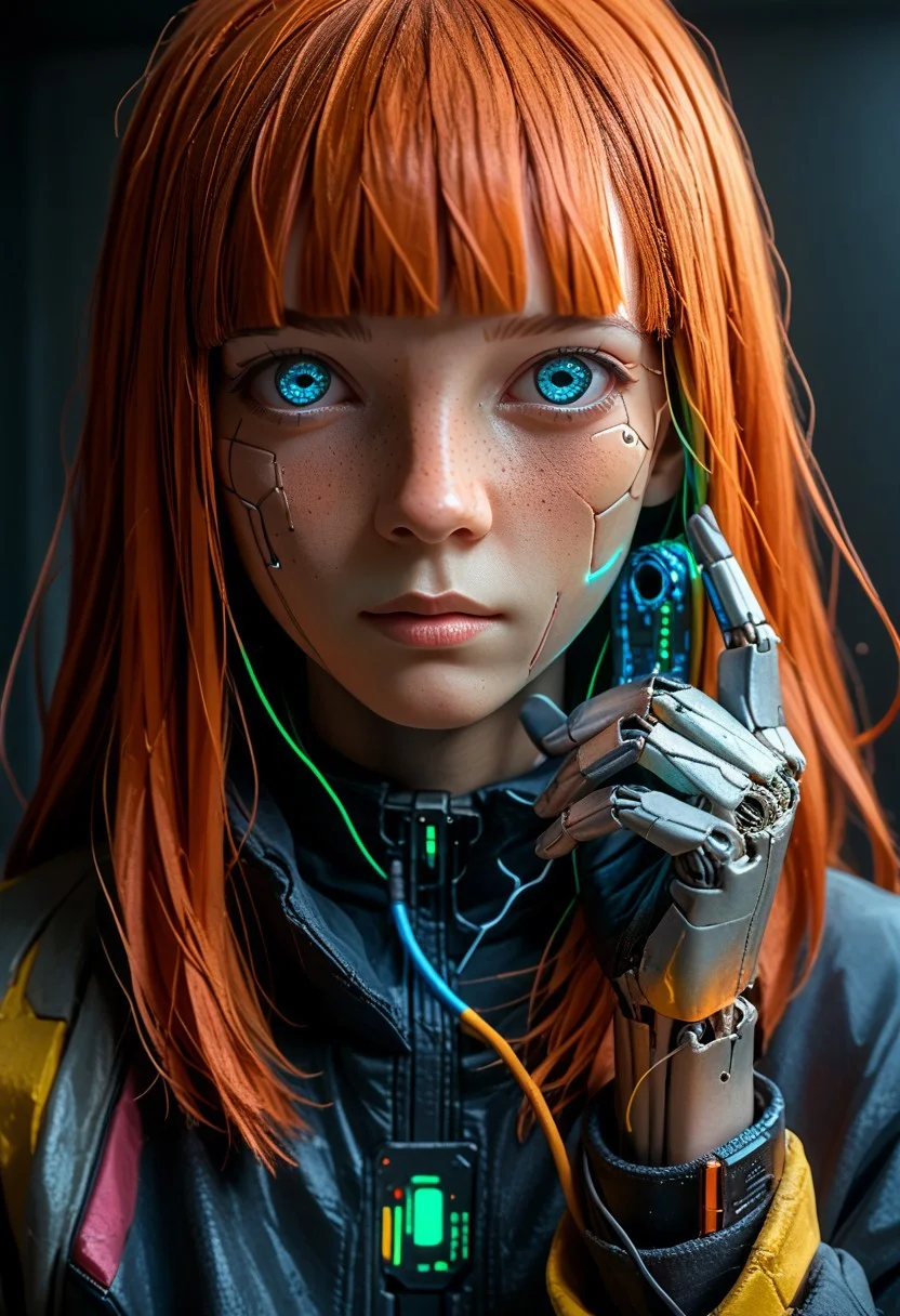 end_tripwire_morph, solo, cyberpunk, looking at viewer, 1girl, vivy_vfe, ginger hair, blunt bangs, blue eyes, freckles, portrait, cable, cyborg, wire, mask, hand up, neon, wires, made of wires, cables, outlined with wires and neon, neon outlines, wire sculpture, neon wire sculpture, , PonyXLV6_Scores, Freebo_alloy