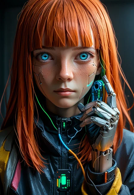 end_tripwire_morph, solo, cyberpunk, looking at viewer, 1girl, vivy_vfe, ginger hair, blunt bangs, blue eyes, freckles, portrait, cable, cyborg, wire, mask, hand up, neon, wires, made of wires, cables, outlined with wires and neon, neon outlines, wire sculpture, neon wire sculpture, , PonyXLV6_Scores, Freebo_alloy