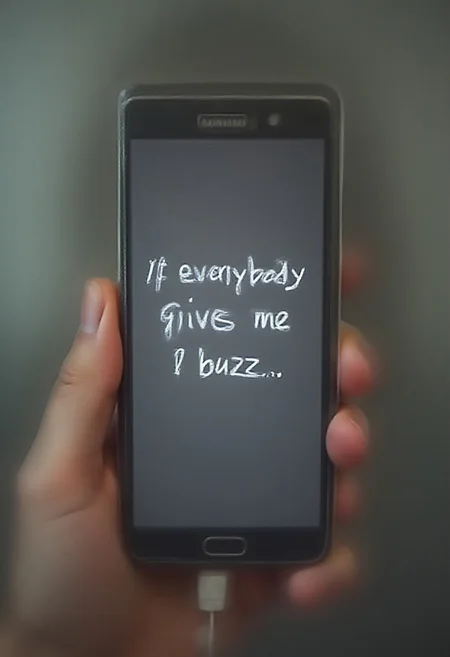 photorealistic, Samsung sam, showing phone with inscription "If everybody gives me 1 buzz...", smile, "If everybody gives me 1 buzz..." inscription, smart
