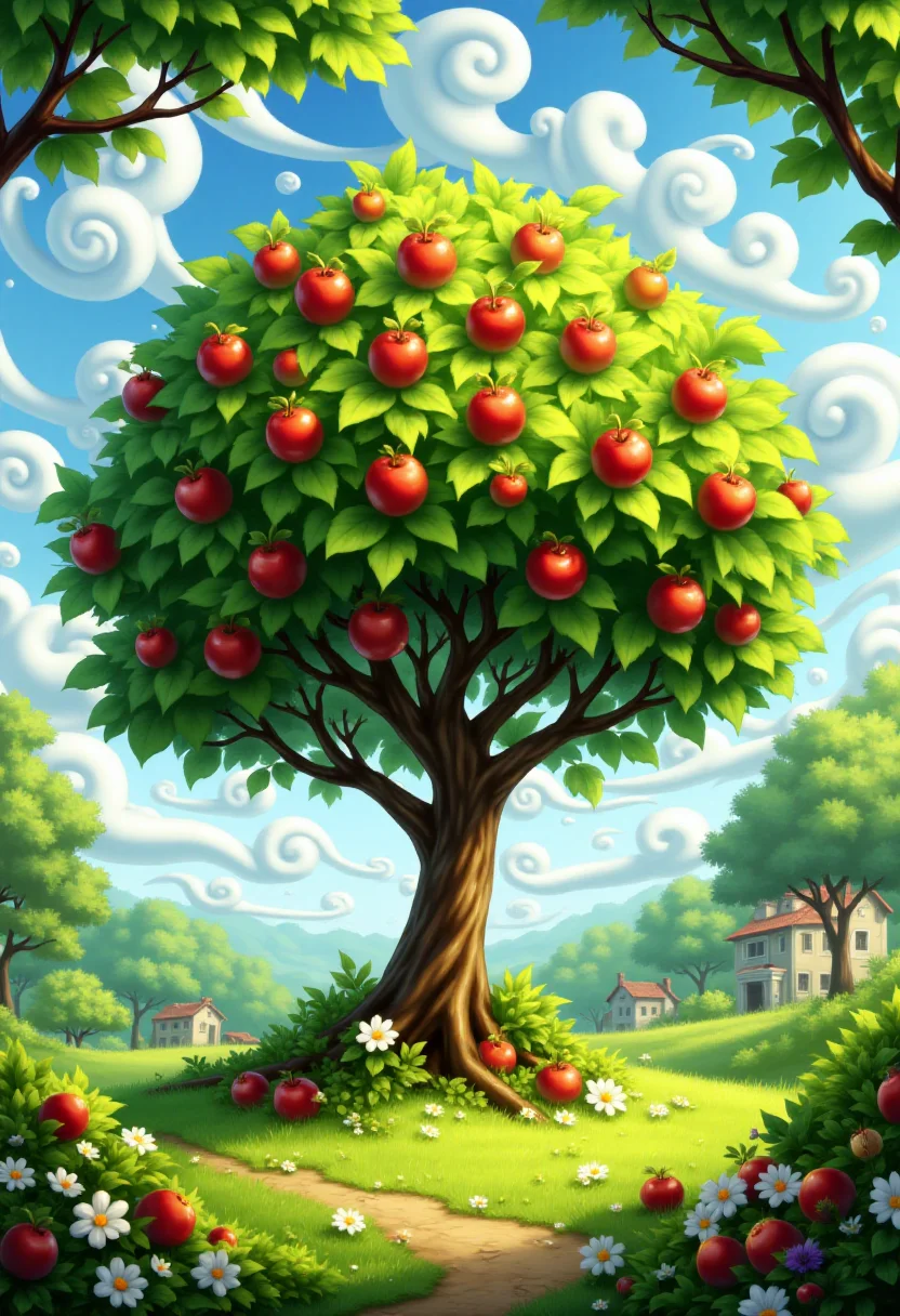 <lora:KFT_Curse_of_Dragons_Crown_Style_FLUX:1>
The image is a vibrant, digitally created kftfantasy illustration featuring an apple tree in a park