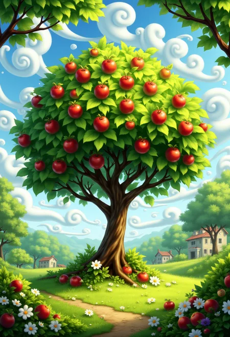 <lora:KFT_Curse_of_Dragons_Crown_Style_FLUX:1>
The image is a vibrant, digitally created kftfantasy illustration featuring an apple tree in a park