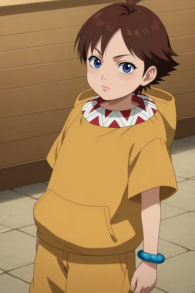 score_9, score_8_up, score_7_up, source_anime, rating_safe, intricate details, anime screencap, , official style, looking at viewer, , 1girl, solo, <lora:he_liao_diao_pony:1>, he_liao_diao, brown hair, blue eyes, short hair, aged down, , red hoodie, pom-pom pants, (bracelet), bow footwear, <lora:sdxl_lightning_8step_lora:1>