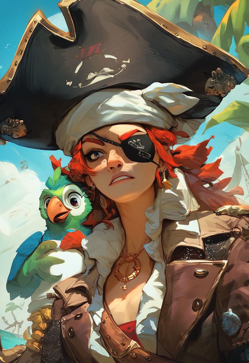 score_9, score_8_up, score_7_up, score_6_up, score_5_up, score_4_up, salty pirate, eyepatch, pirate hat, arrrrr, p3tl0v3, parrot on head