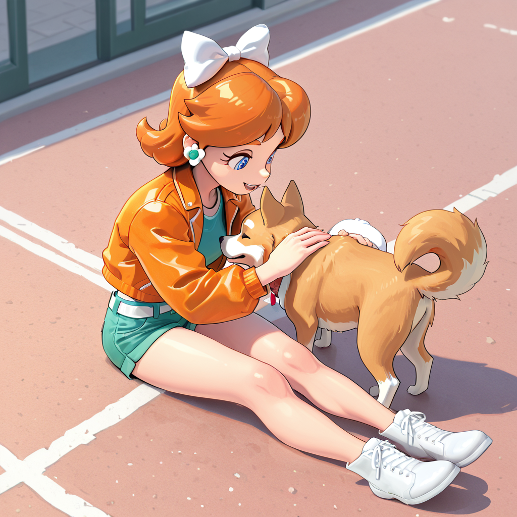 <lora:Daisy MKW Adventure Illustrious:.9> DaisyMKWAdventure, orange jacket, shorts,  petting dog