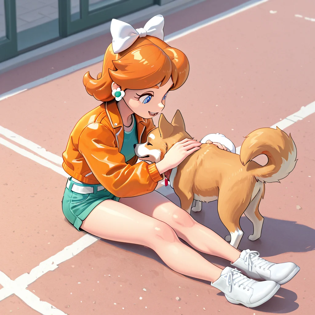 <lora:Daisy MKW Adventure Illustrious:.9> DaisyMKWAdventure, orange jacket, shorts, petting dog