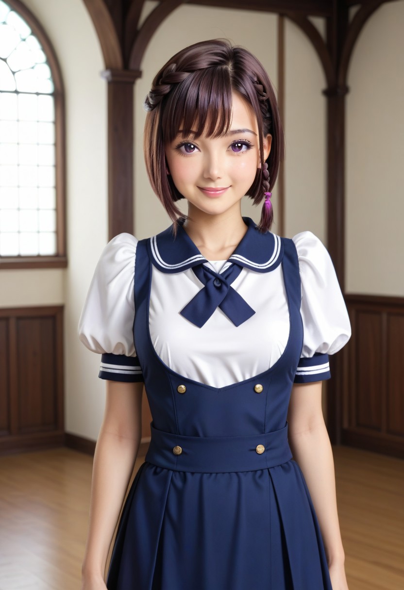 in monastery, (hand on waist, kimura manatsu, short hair, skirt, brown hair, shirt, single side braid hair, bob-cut, standing, school uniform, standing, purple eyes, white shirt, short sleeves, (blue pinafore dress), puffy sleeves, indoors,  cowboy shot) 1girl, best quality, cowboy shot, seductive smile, Overall Detail, (slim, looking at viewer, young-adult), large breast, Fix hand <lora:Kimura_Manatsu_ATSK_Pony:1>