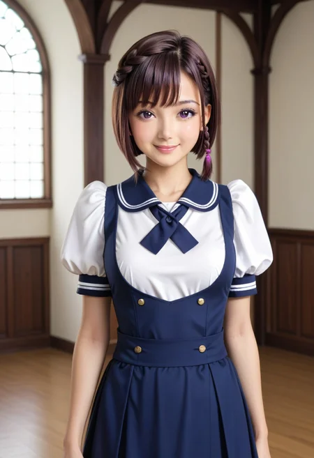 in monastery, (hand on waist, kimura manatsu, short hair, skirt, brown hair, shirt, single side braid hair, bob-cut, standing, school uniform, standing, purple eyes, white shirt, short sleeves, (blue pinafore dress), puffy sleeves, indoors, cowboy shot) 1girl, best quality, cowboy shot, seductive smile, Overall Detail, (slim, looking at viewer, young-adult), large breast, Fix hand <lora:Kimura_Manatsu_ATSK_Pony:1>